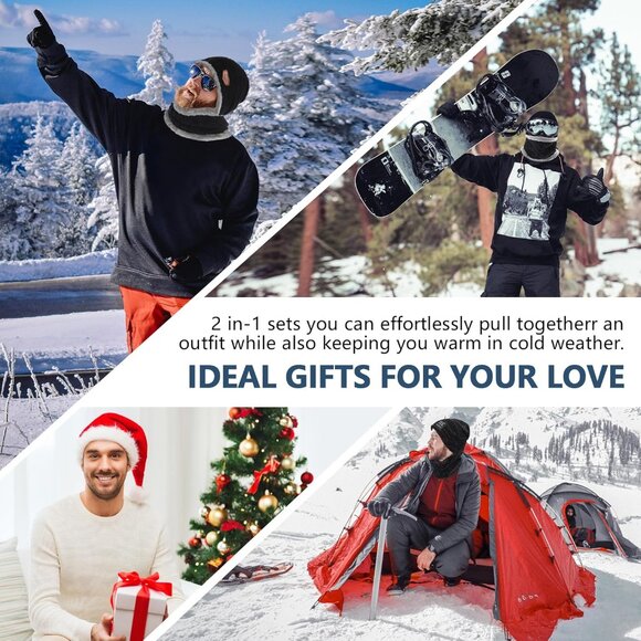 🆕 Men Blue Fleece Lined Winter Cap Beanie Scarf Set Knit Neck Warmer Nice Hat - Picture 6 of 6